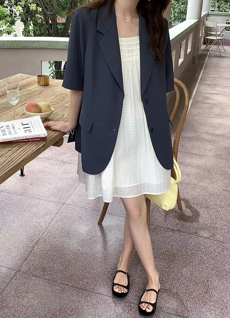[Korean Style] 2 Colors Loose Fit Single Breasted Short Sleeve Blazer