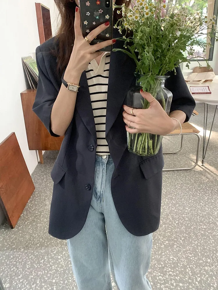 [Korean Style] 2 Colors Loose Fit Single Breasted Short Sleeve Blazer