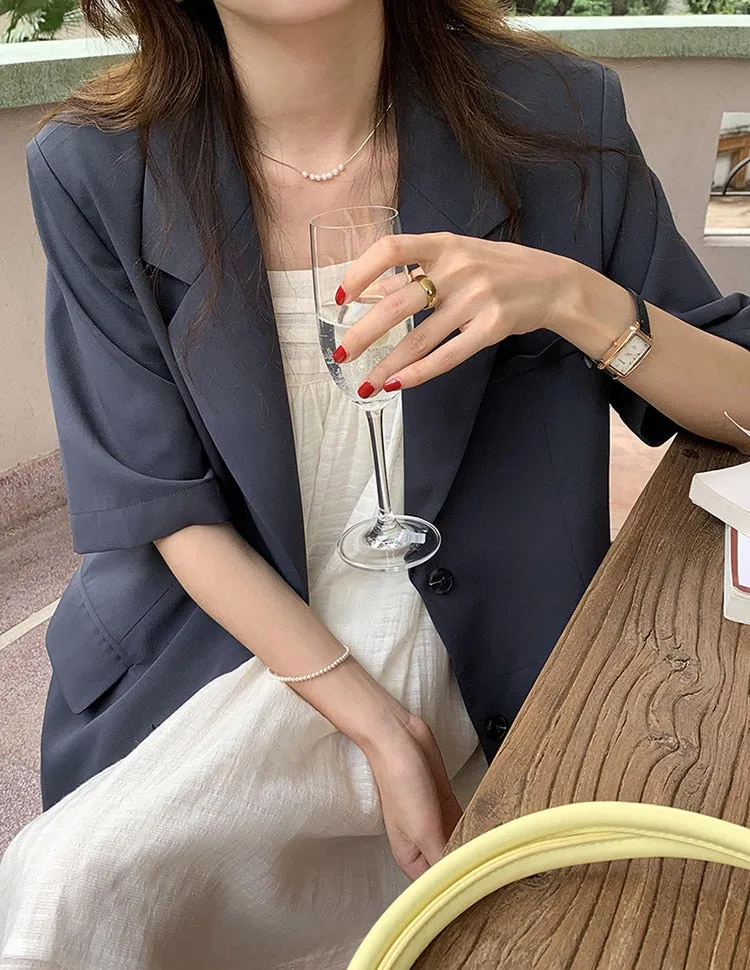 [Korean Style] 2 Colors Loose Fit Single Breasted Short Sleeve Blazer