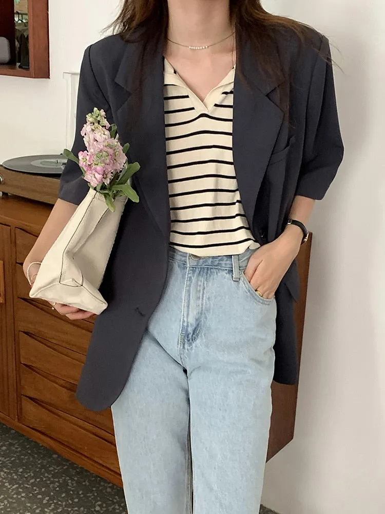 [Korean Style] 2 Colors Loose Fit Single Breasted Short Sleeve Blazer