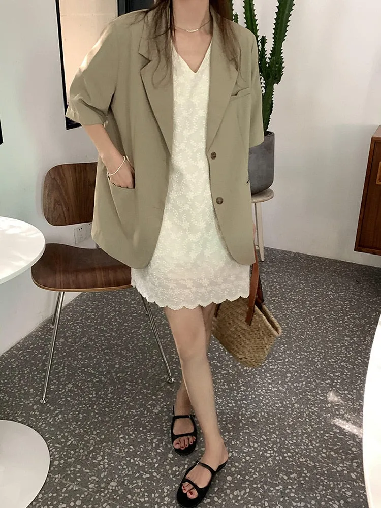 [Korean Style] 2 Colors Loose Fit Single Breasted Short Sleeve Blazer
