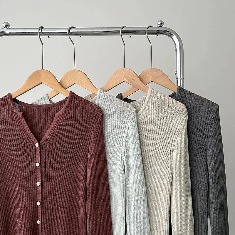 [Korean Style] 4 Colors V-Neck Long Sleeve Fine Knit Cardigan