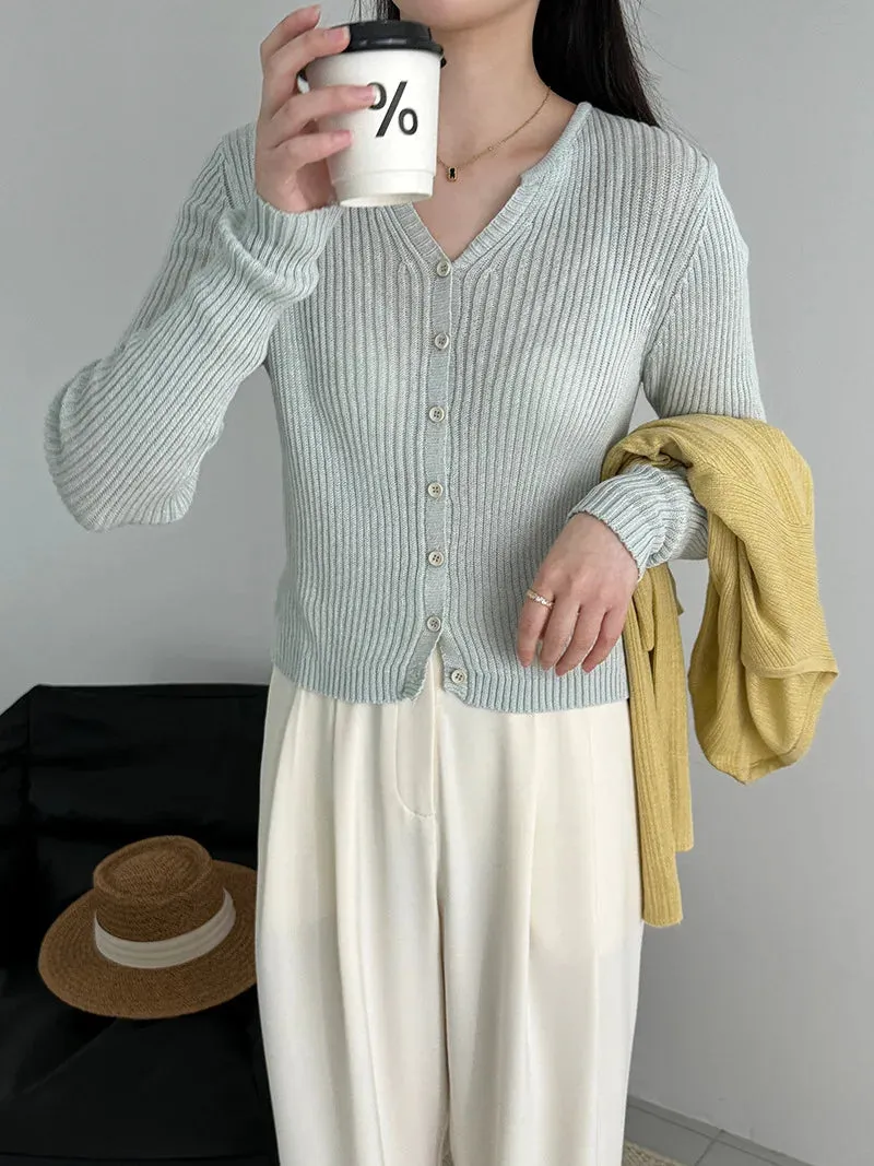[Korean Style] 4 Colors V-Neck Long Sleeve Fine Knit Cardigan