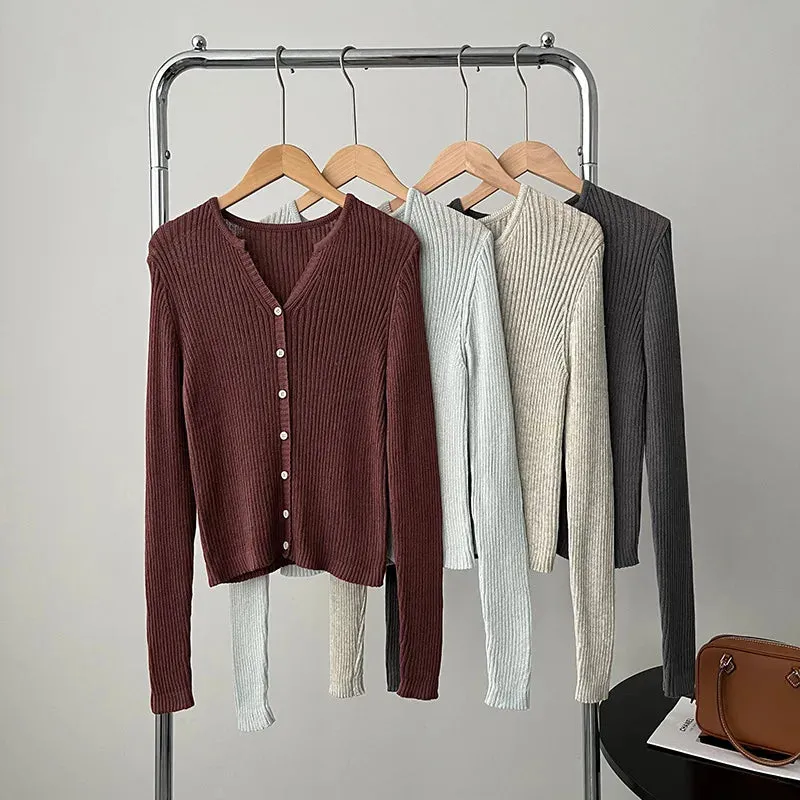 [Korean Style] 4 Colors V-Neck Long Sleeve Fine Knit Cardigan