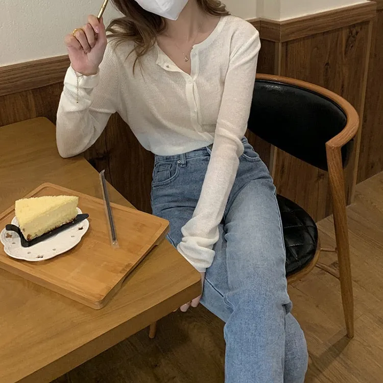 [Korean Style] Balian Round Neck Light Weight Cardigan Knit Top