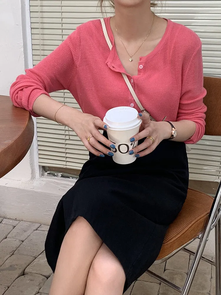 [Korean Style] Balian Round Neck Light Weight Cardigan Knit Top