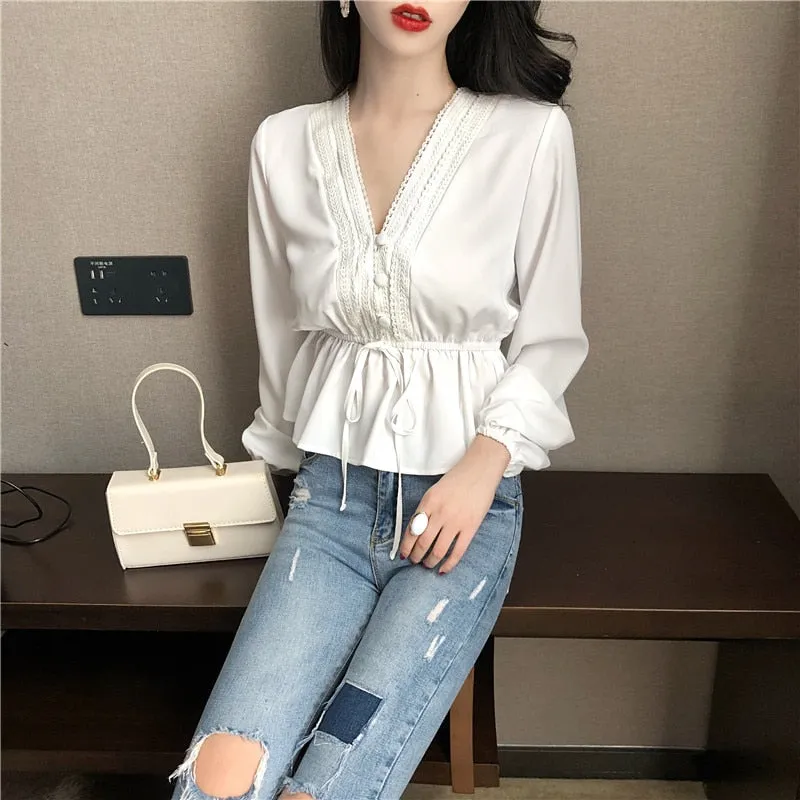 [Korean Style] Celania V Neck Lace Ruffle Blouse