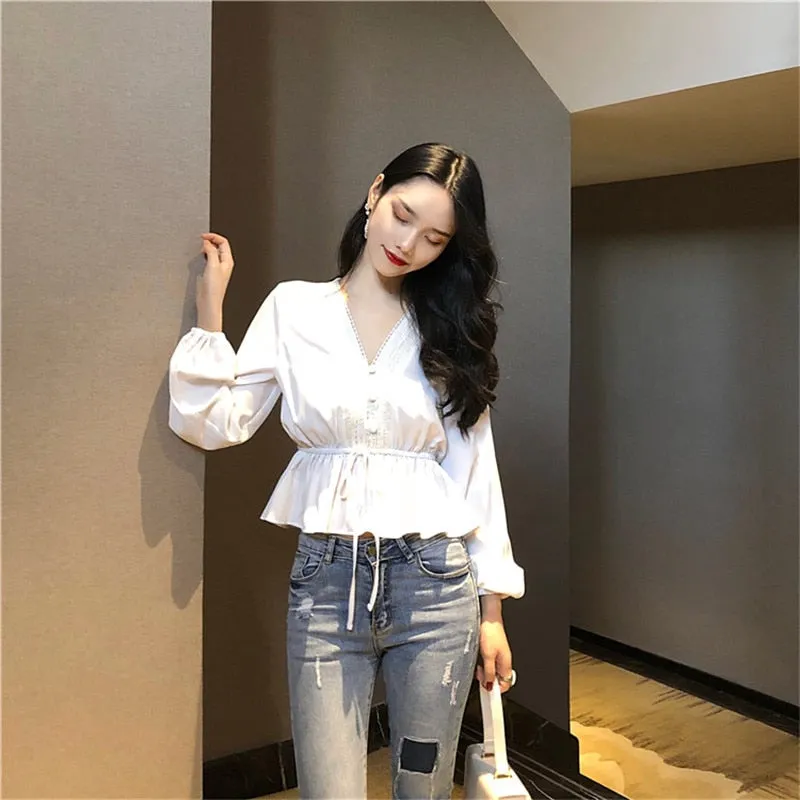 [Korean Style] Celania V Neck Lace Ruffle Blouse