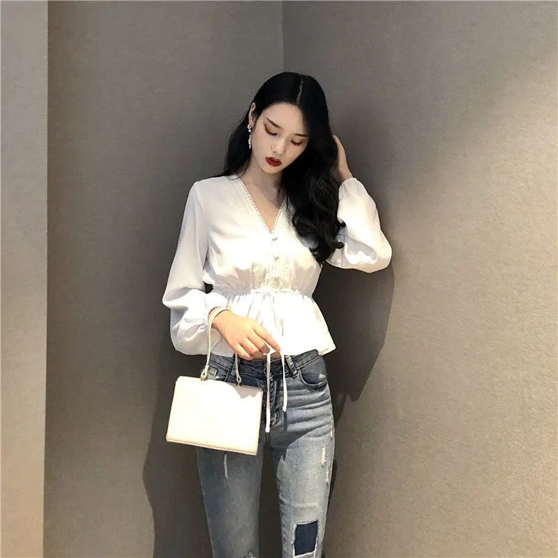 [Korean Style] Celania V Neck Lace Ruffle Blouse