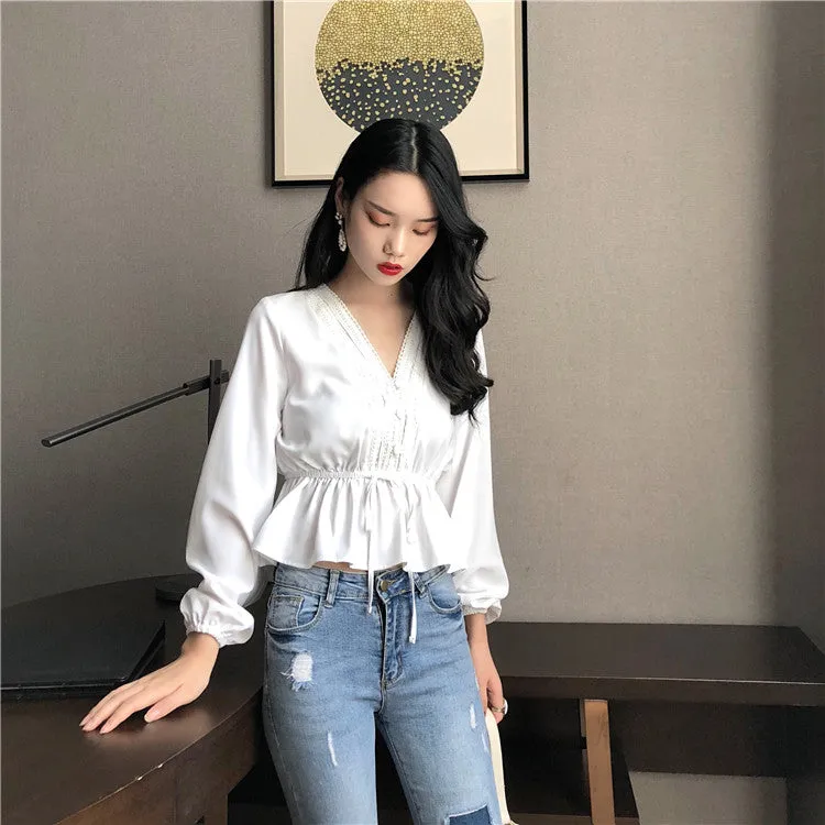 [Korean Style] Celania V Neck Lace Ruffle Blouse