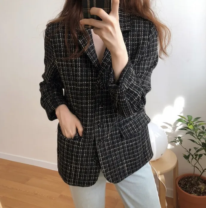 [Korean Style] Chloe Vintage Single Breasted Pattern Blazer