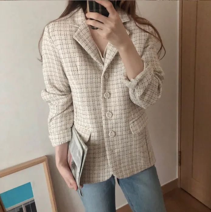 [Korean Style] Chloe Vintage Single Breasted Pattern Blazer