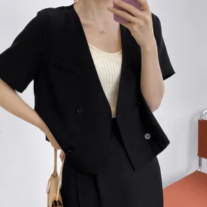 [Korean Style] Collarless Solid Color Double Breasted Cropped Blazer