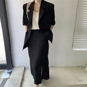 [Korean Style] Delphine Blazer w/ Slit Skirt 2 Piece Set