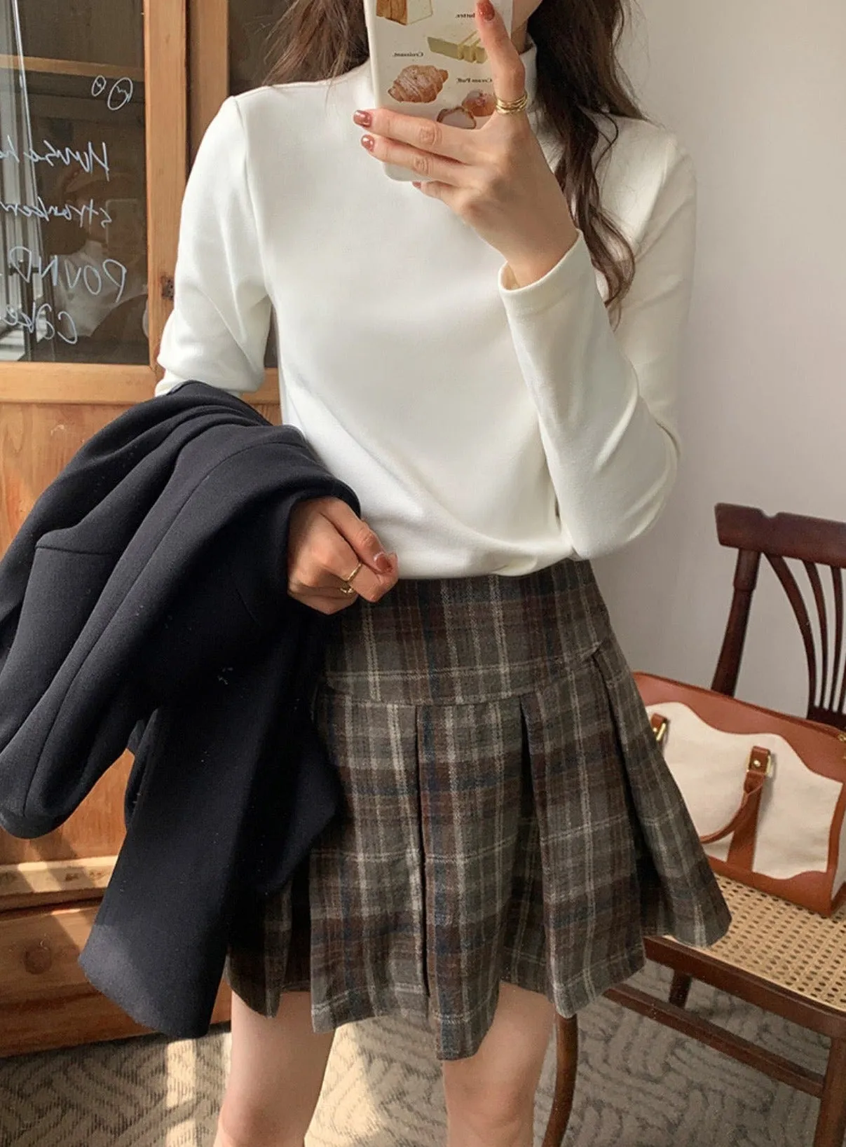 [Korean Style]  Solid Color Slim Fit Long Sleeve Turtleneck Crew Neck Top