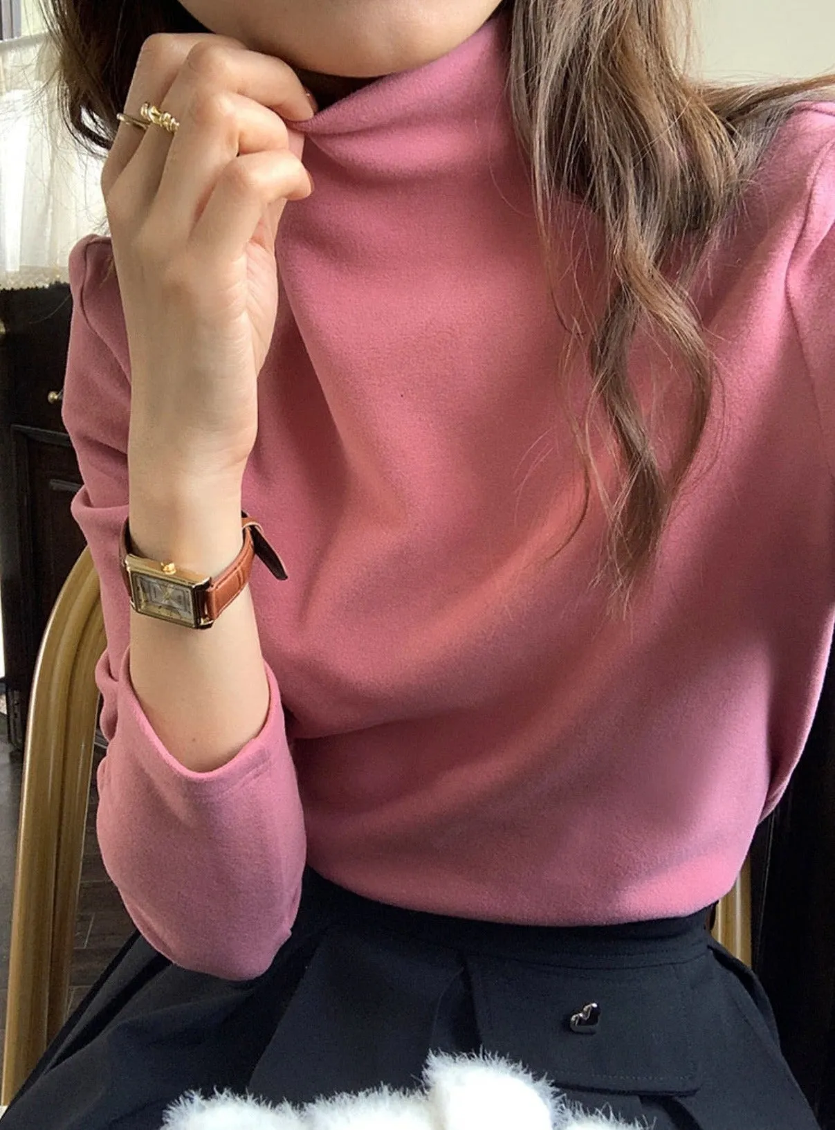 [Korean Style]  Solid Color Slim Fit Long Sleeve Turtleneck Crew Neck Top