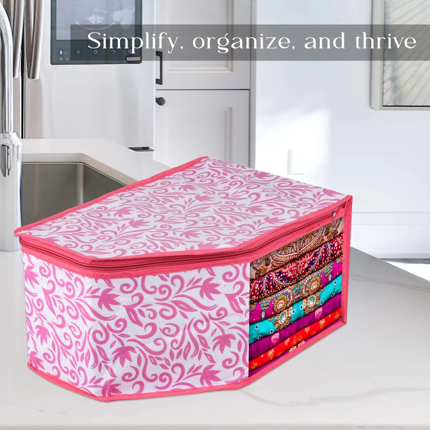 Kuber Industries Blouse Cover | Clothes Storage Bag | Zipper Wardrobe Organizers | Non-Woven Clothes Organiser | Side Transparent Blouse Organizer | Leaf-Design | Pack of 9 | Pink