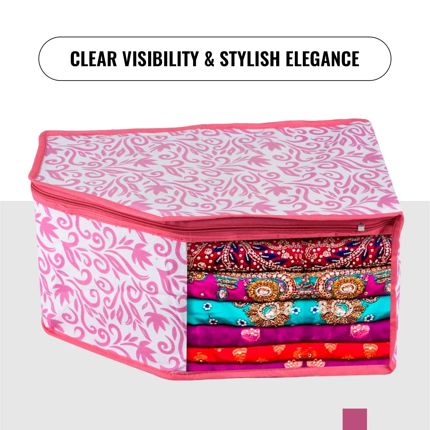Kuber Industries Blouse Cover | Clothes Storage Bag | Zipper Wardrobe Organizers | Non-Woven Clothes Organiser | Side Transparent Blouse Organizer | Leaf-Design | Pack of 9 | Pink