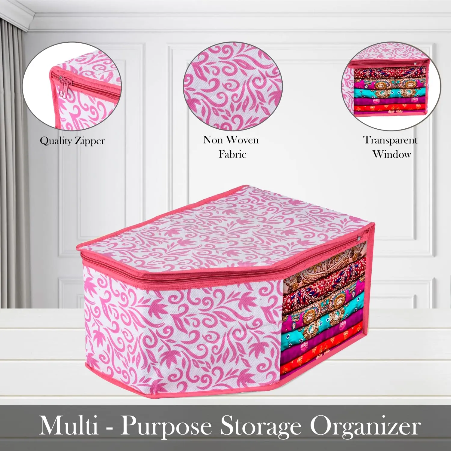 Kuber Industries Blouse Cover | Clothes Storage Bag | Zipper Wardrobe Organizers | Non-Woven Clothes Organiser | Side Transparent Blouse Organizer | Leaf-Design | Pack of 9 | Pink