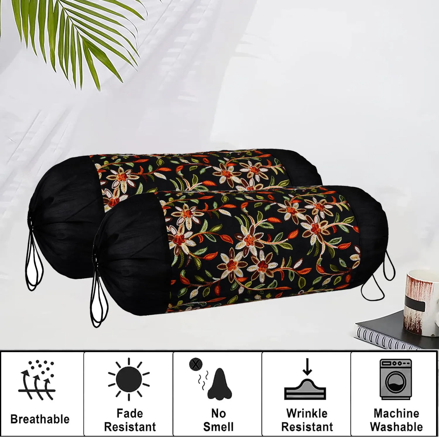 Kuber Industries Bolster Covers | Polyester Bolster Cover Set | Diwan Bolster Cover Set | Bolster Pillow Cover | Embroidery Design Masand Cover | 16x32 Inch | Pack of 2 | Black