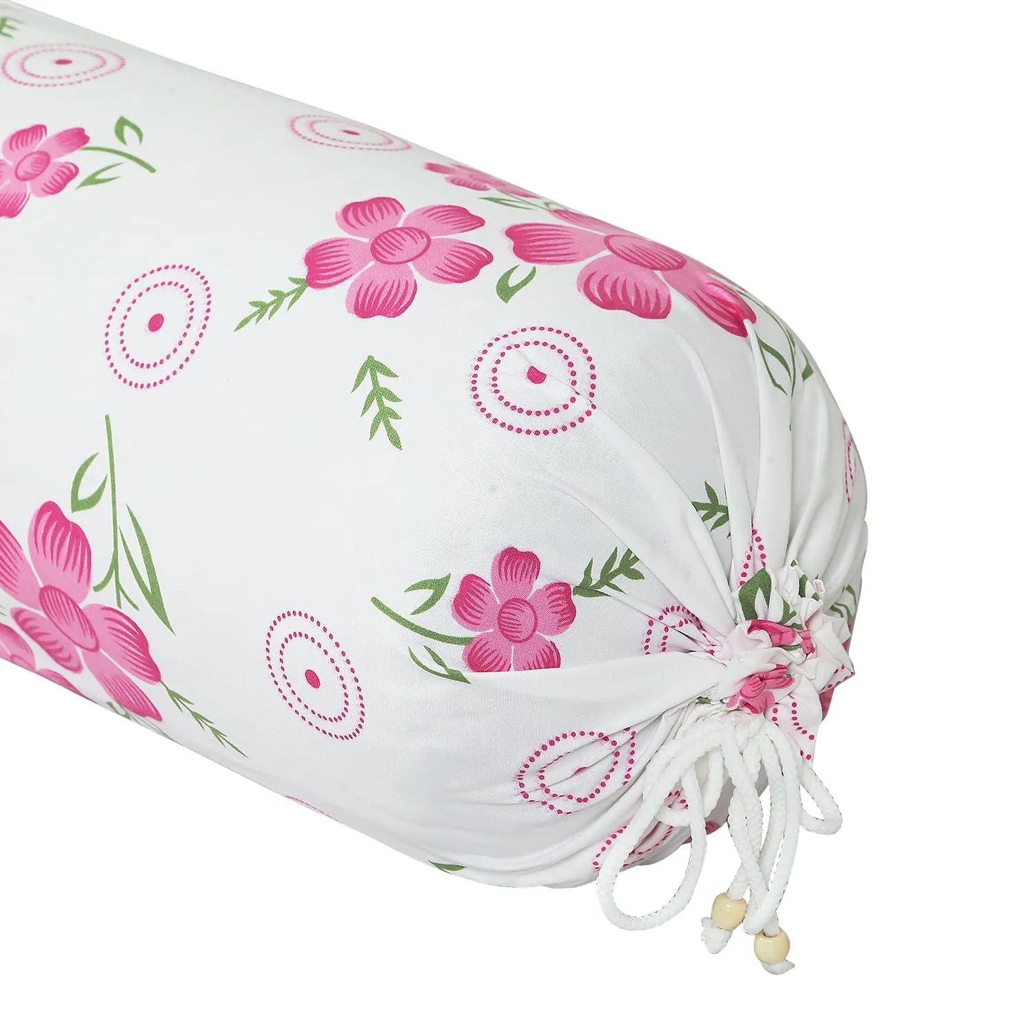 Kuber Industries Bolster Covers | Soft Cotton Bolster Cover Set | Bolster Pillow Covers | Pink Circle Flower Roll Masand Cover | Long Pillow Case | 16x32 Inch | Pack of 4 | White