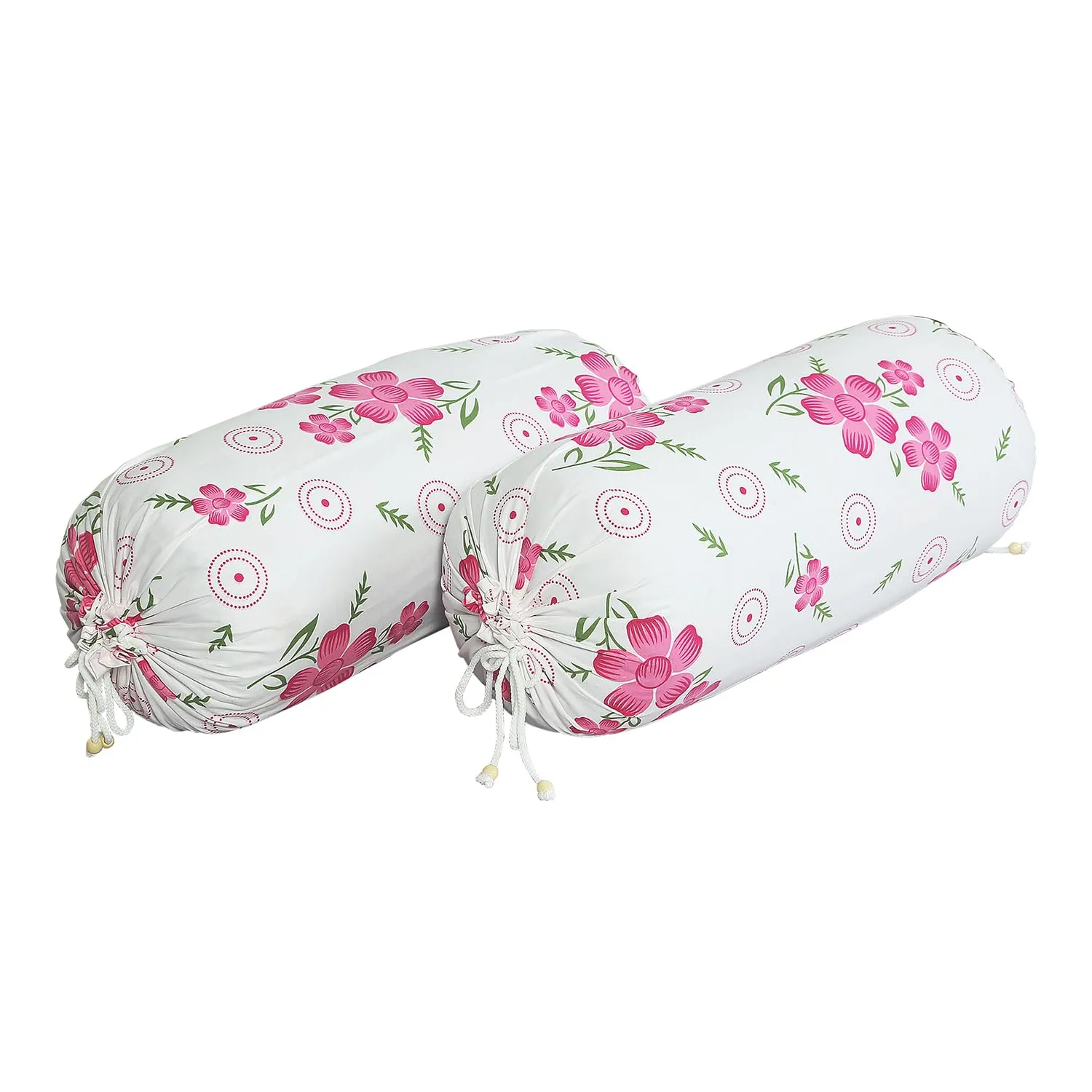 Kuber Industries Bolster Covers | Soft Cotton Bolster Cover Set | Bolster Pillow Covers | Pink Circle Flower Roll Masand Cover | Long Pillow Case | 16x32 Inch | Pack of 4 | White