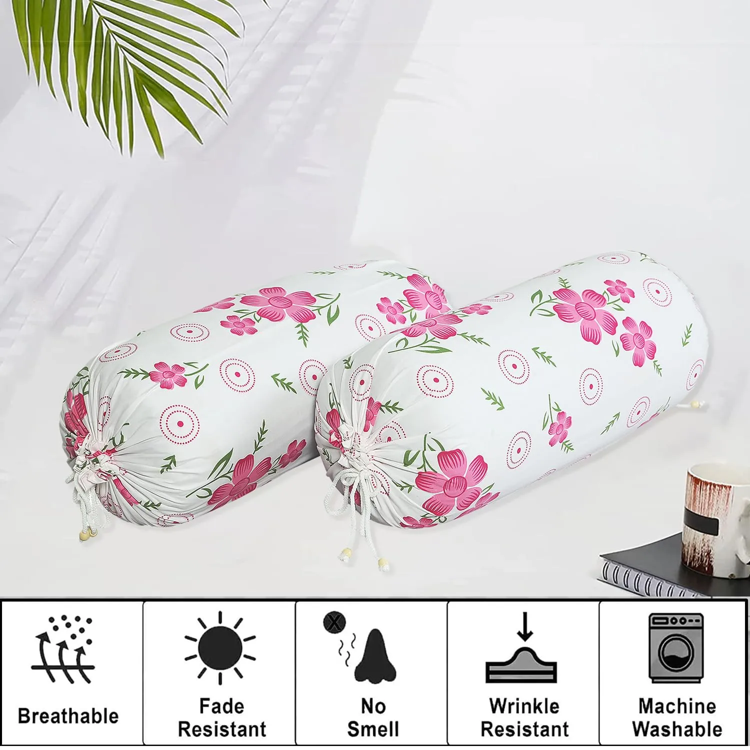 Kuber Industries Bolster Covers | Soft Cotton Bolster Cover Set | Bolster Pillow Covers | Pink Circle Flower Roll Masand Cover | Long Pillow Case | 16x32 Inch | Pack of 4 | White