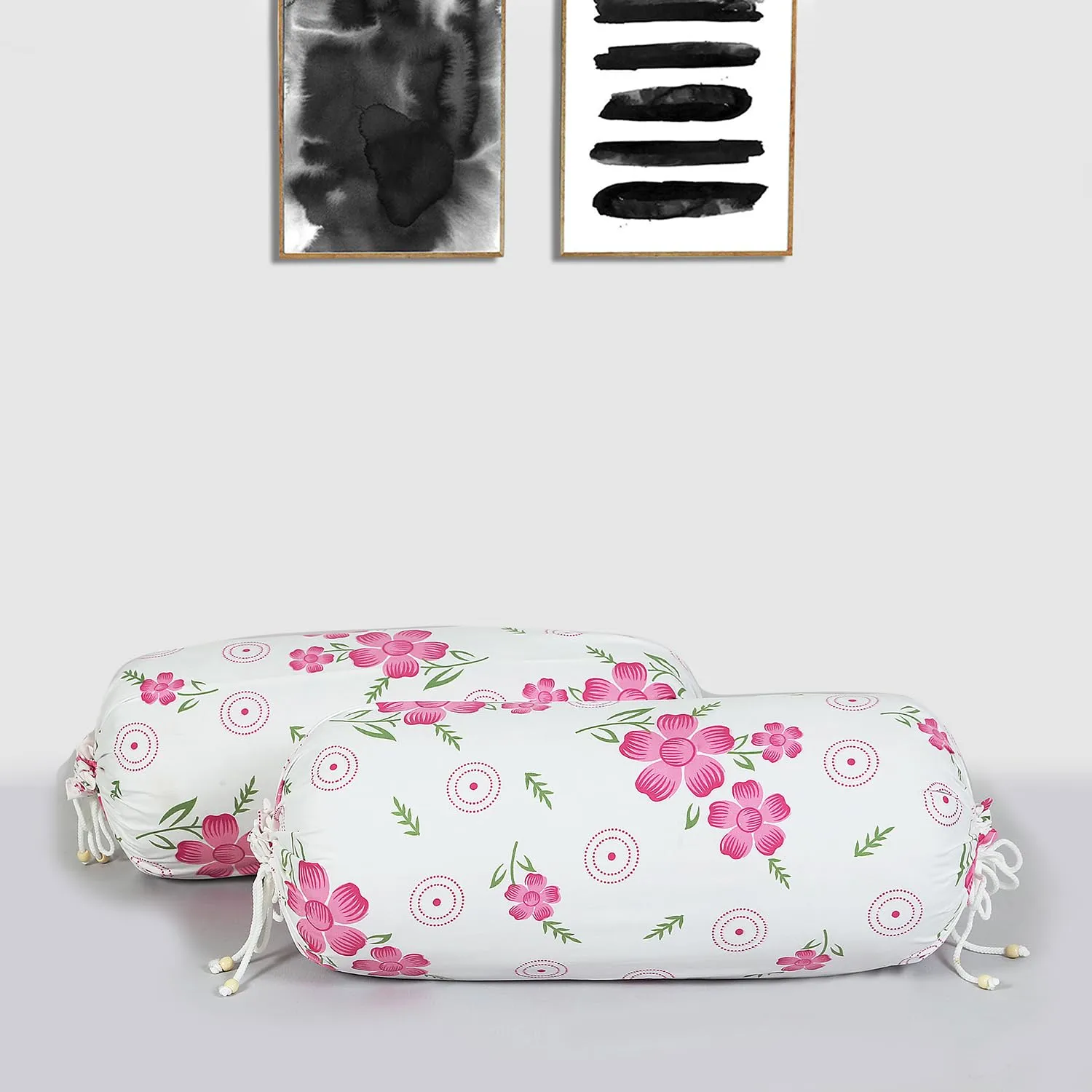 Kuber Industries Bolster Covers | Soft Cotton Bolster Cover Set | Bolster Pillow Covers | Pink Circle Flower Roll Masand Cover | Long Pillow Case | 16x32 Inch | Pack of 4 | White