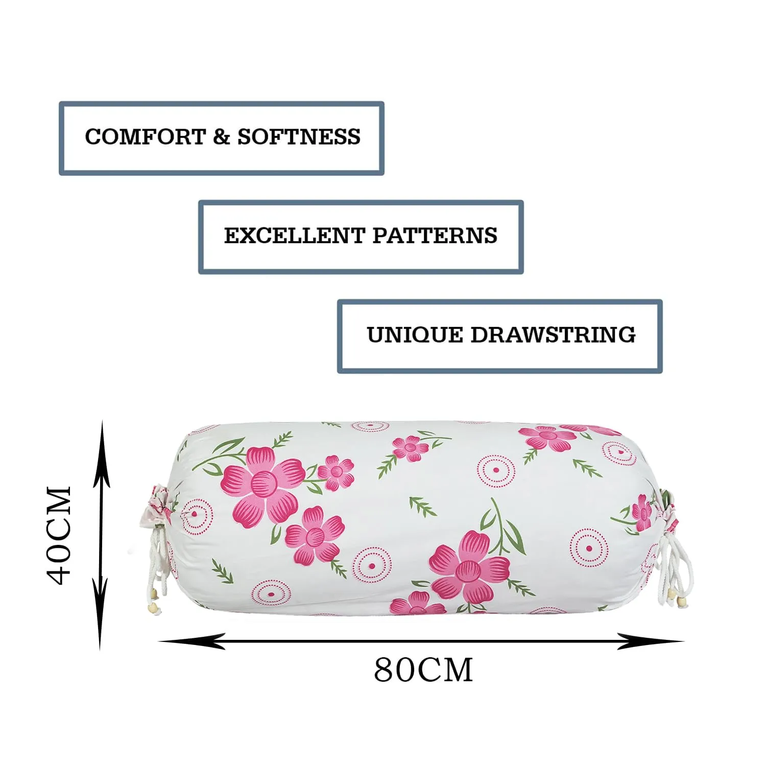 Kuber Industries Bolster Covers | Soft Cotton Bolster Cover Set | Bolster Pillow Covers | Pink Circle Flower Roll Masand Cover | Long Pillow Case | 16x32 Inch | Pack of 4 | White