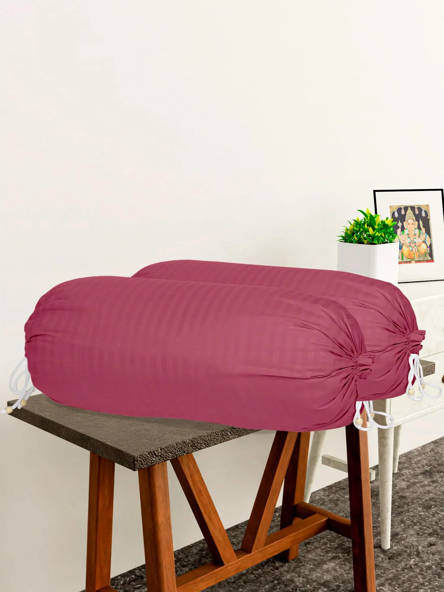 Kuber Industries Bolster Covers | Soft Cotton Bolster Cover Set | Diwan Round Bolster Pillow Covers | Striped Pattern Masand Cover | 16x32 Inch | Pack of 6 | Pink