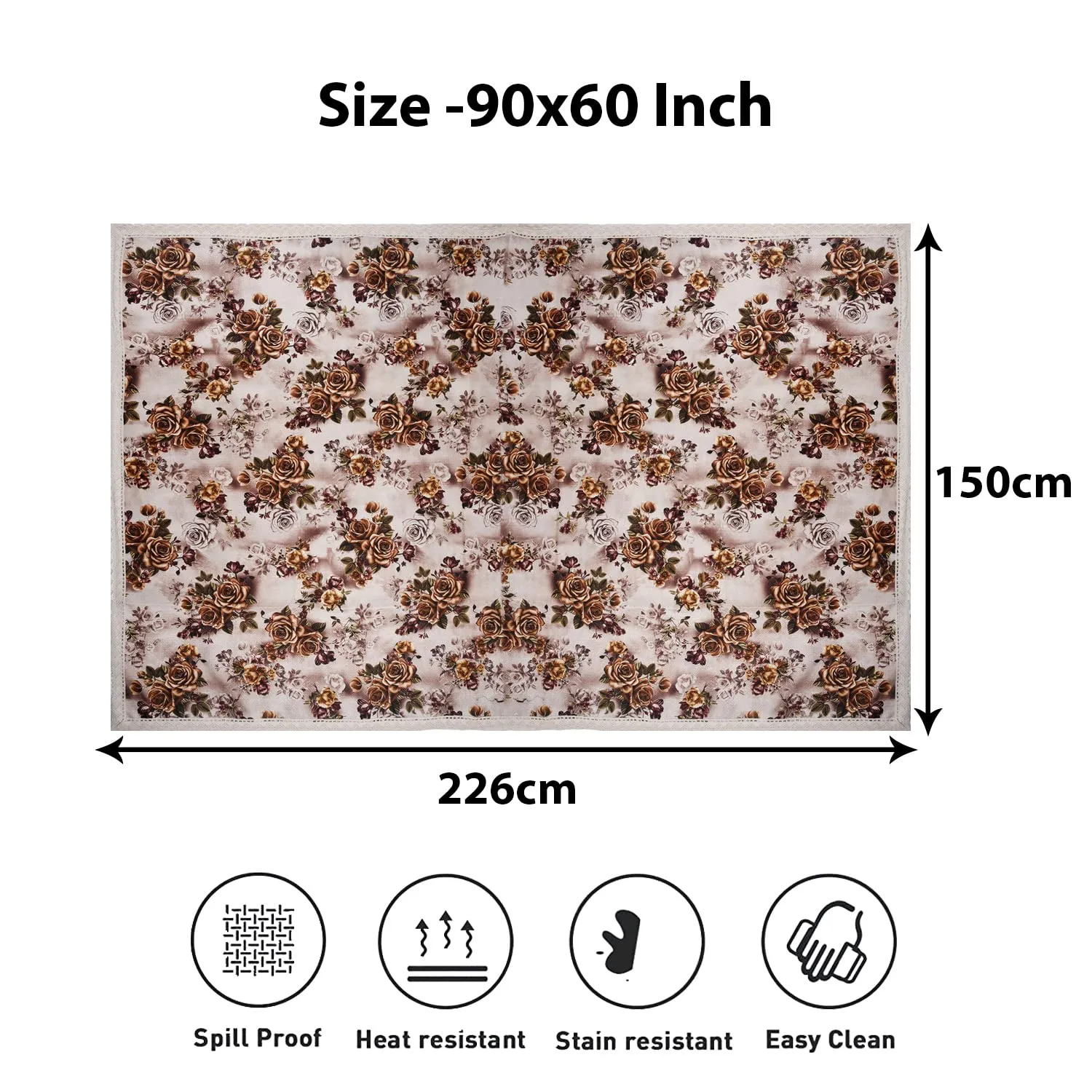 Kuber Industries Dining Table Cover | Jute Fabric Lace Table Protector Cover | Flower Print Dinning Table Cloth for Tabletop Decoration | 60x90 Inch | Brown