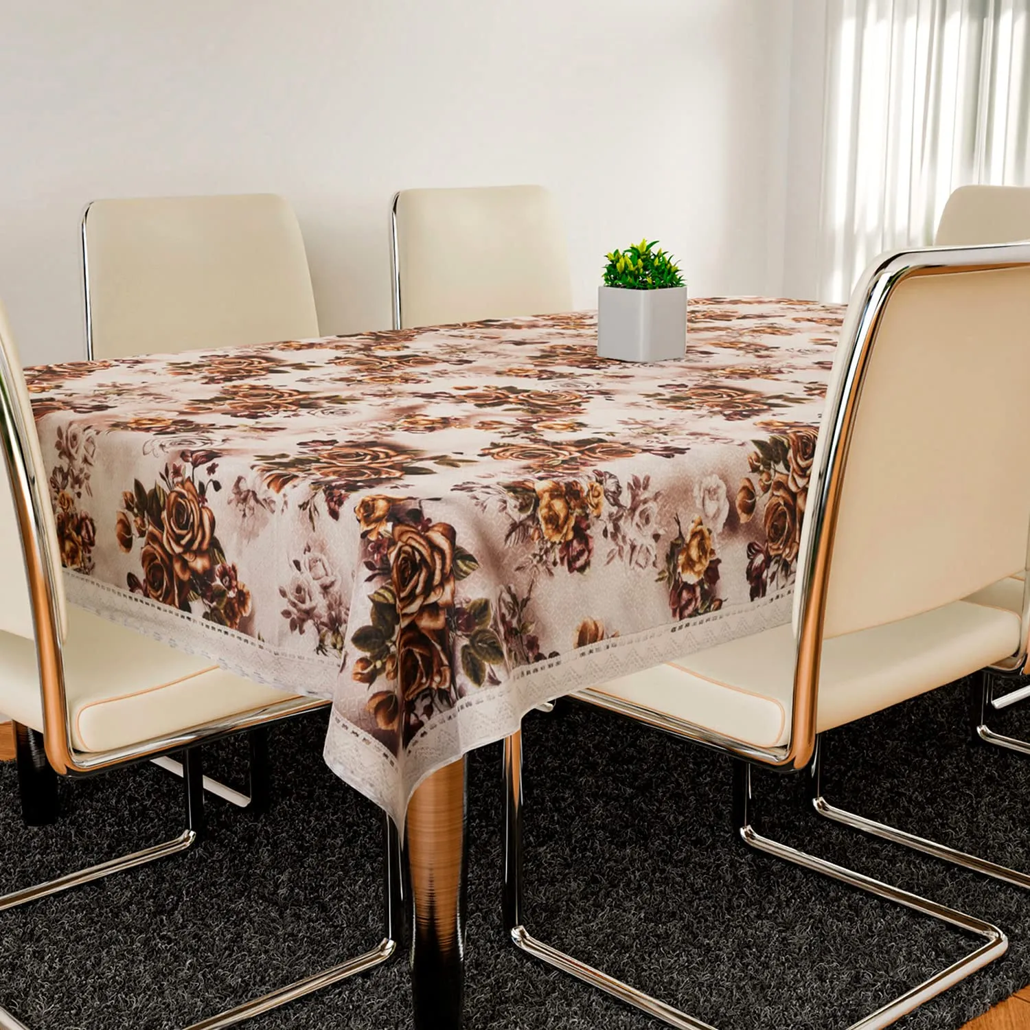 Kuber Industries Dining Table Cover | Jute Fabric Lace Table Protector Cover | Flower Print Dinning Table Cloth for Tabletop Decoration | 60x90 Inch | Brown
