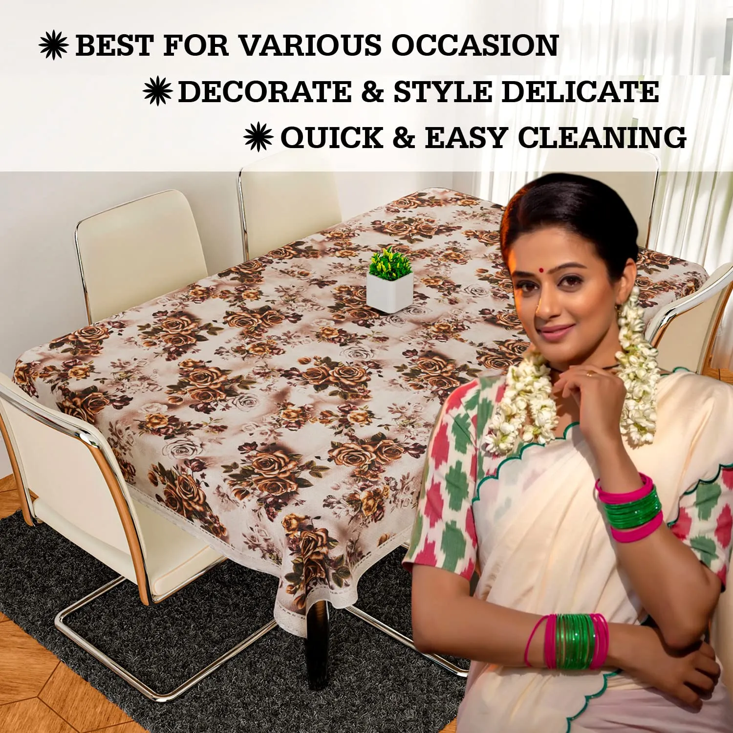 Kuber Industries Dining Table Cover | Jute Fabric Lace Table Protector Cover | Flower Print Dinning Table Cloth for Tabletop Decoration | 60x90 Inch | Brown