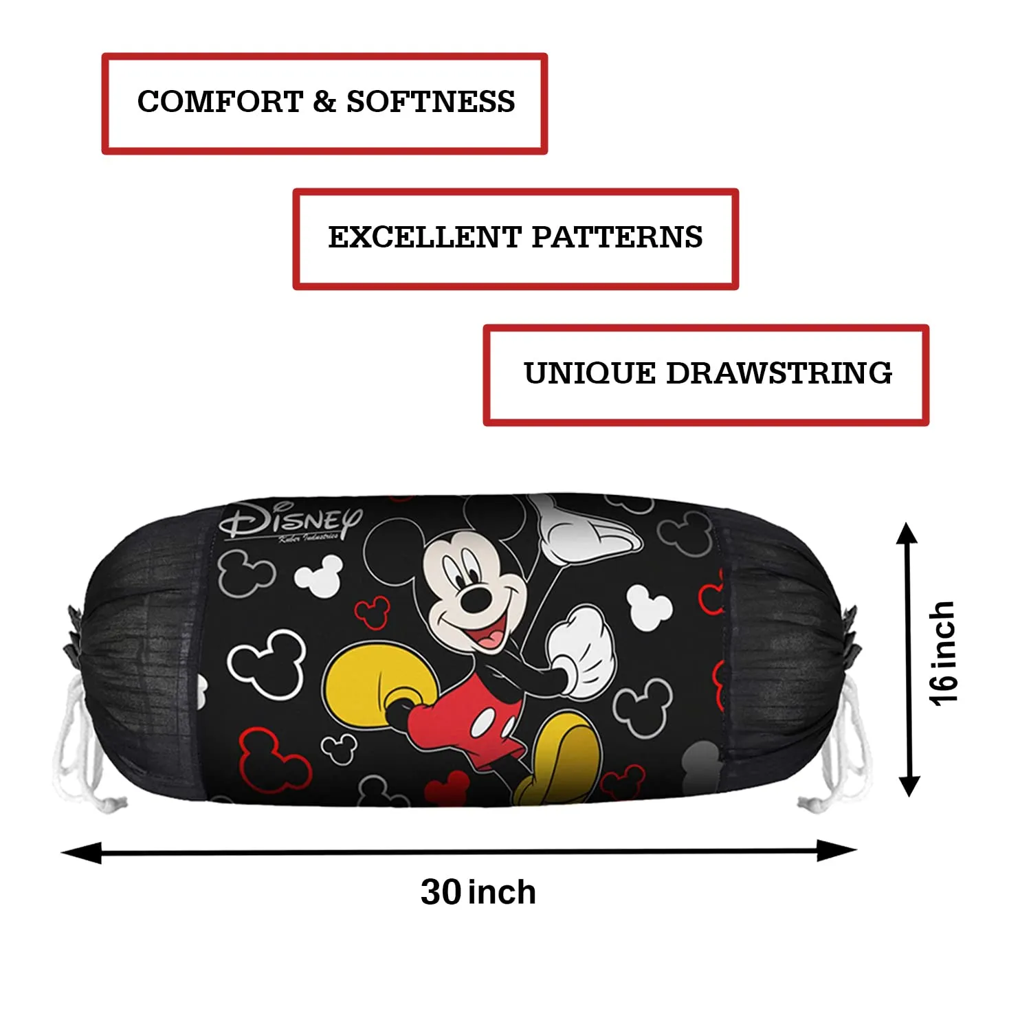 Kuber Industries Dinsey Mickey Bolster Covers | Soft Cotton Bolster Cover Set | Diwan Round Bolster Pillow Covers | Masand Cover | Pack of 2 | Black