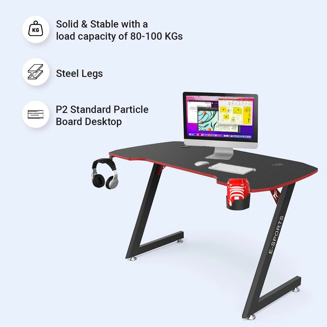 Kuber Industries Ergonomic Table for Work, Study & Games with Earphone Hook & Cup Holder | Portable Standing Gaming Desk & Laptop Tables for Work from Home & Office | KZ1400BLKSH-Black