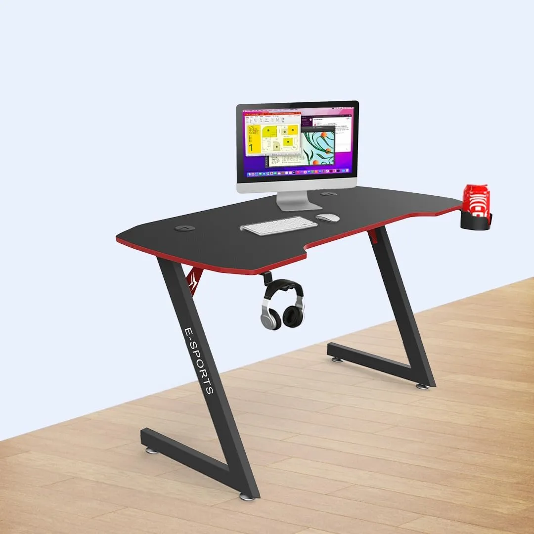 Kuber Industries Ergonomic Table for Work, Study & Games with Earphone Hook & Cup Holder | Portable Standing Gaming Desk & Laptop Tables for Work from Home & Office | KZ1400BLKSH-Black