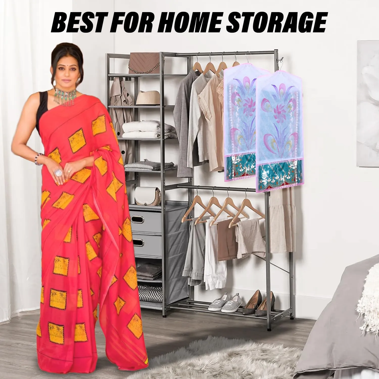Kuber Industries Hanging Saree Cover | Brush Painting Pattern Saree Cover | Non-Woven Saree Covers for Home | Saree Cover with Small Transparent view | Pack of 3 | Pink