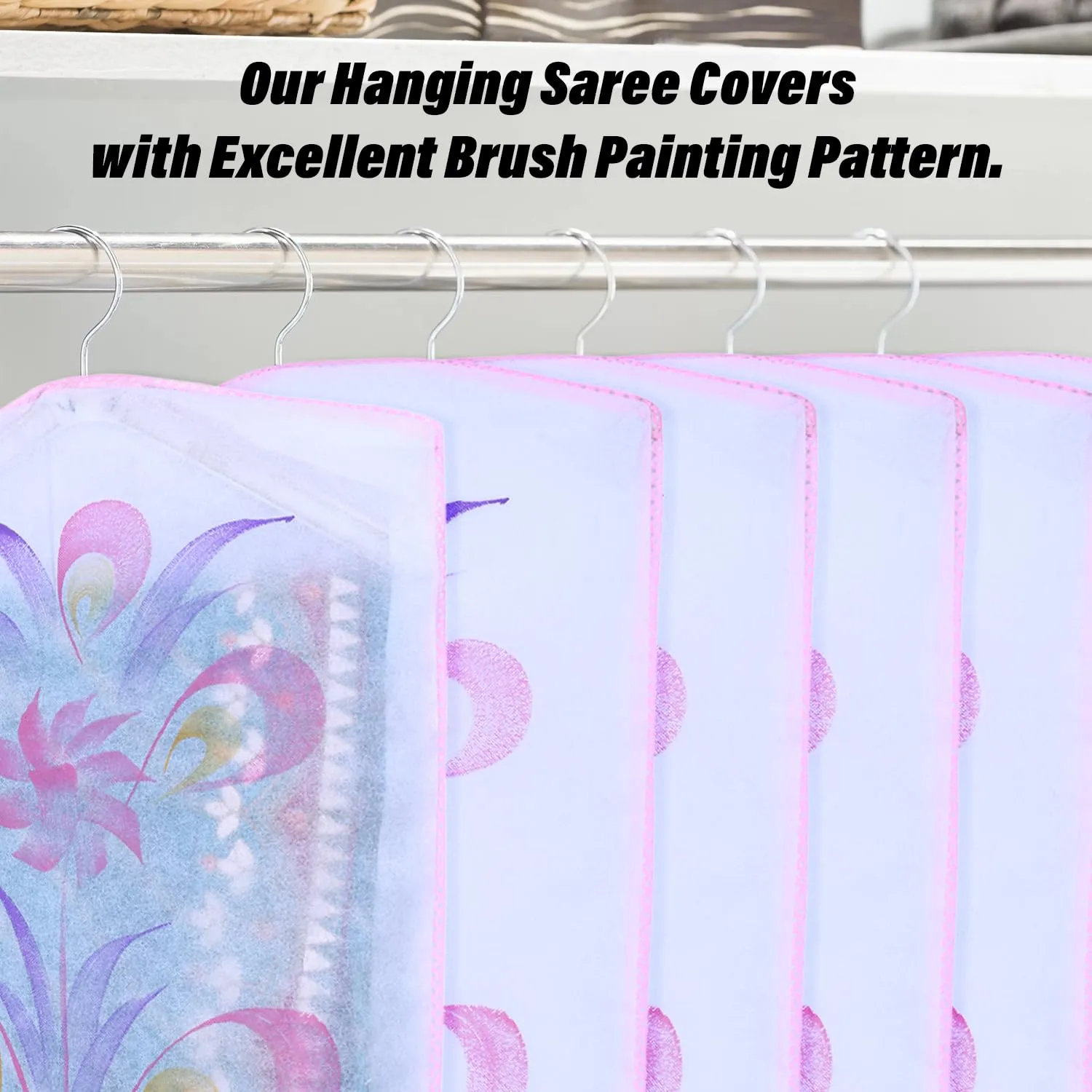 Kuber Industries Hanging Saree Cover | Brush Painting Pattern Saree Cover | Non-Woven Saree Covers for Home | Saree Cover with Small Transparent view | Pack of 3 | Pink
