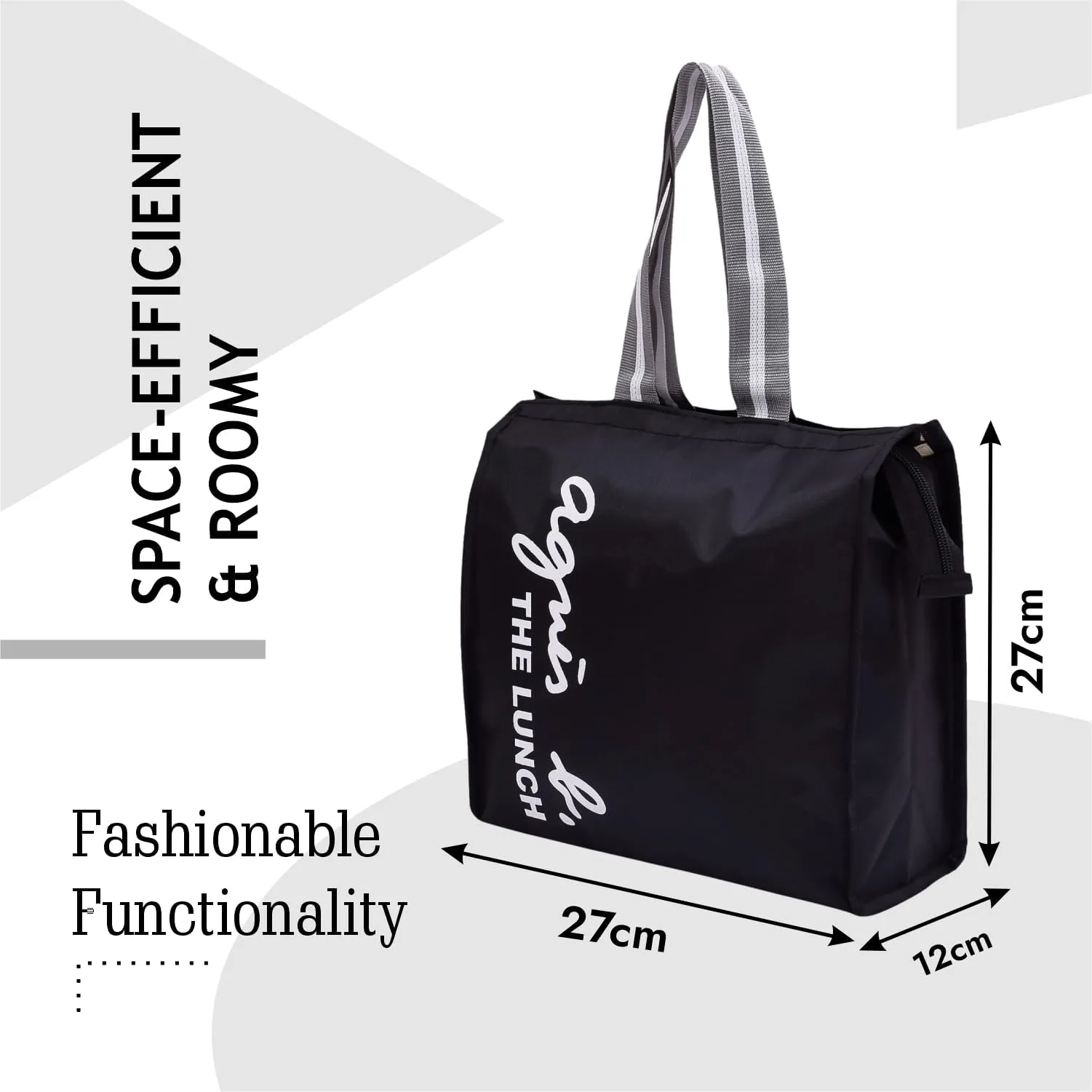 Kuber Industries Lunch Bag | Parachute Lunch Bag | Lunch Bag for Office | Lunch Bag for College | Lunch Bag for Adults | Zipper Lunch Bag with Handle | The Lunch Bag | Black