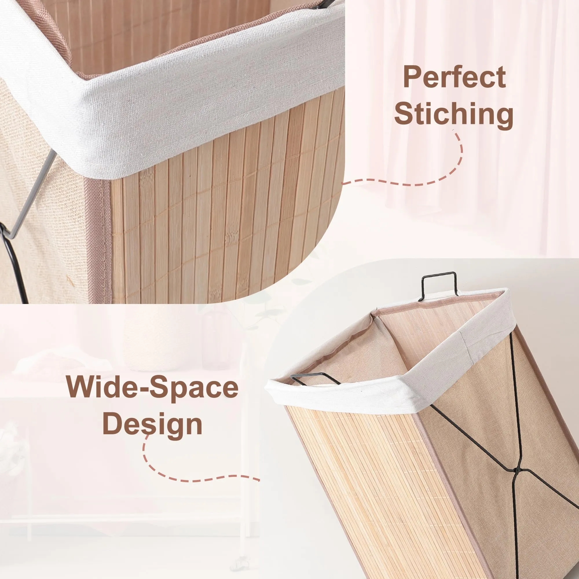 Kuber Industries Pack of 2 Foldable Bamboo Laundry Basket For Clothes With Lid | 51 Ltr Washing Clothes Storage Bag & Laundry Box - Light Brown