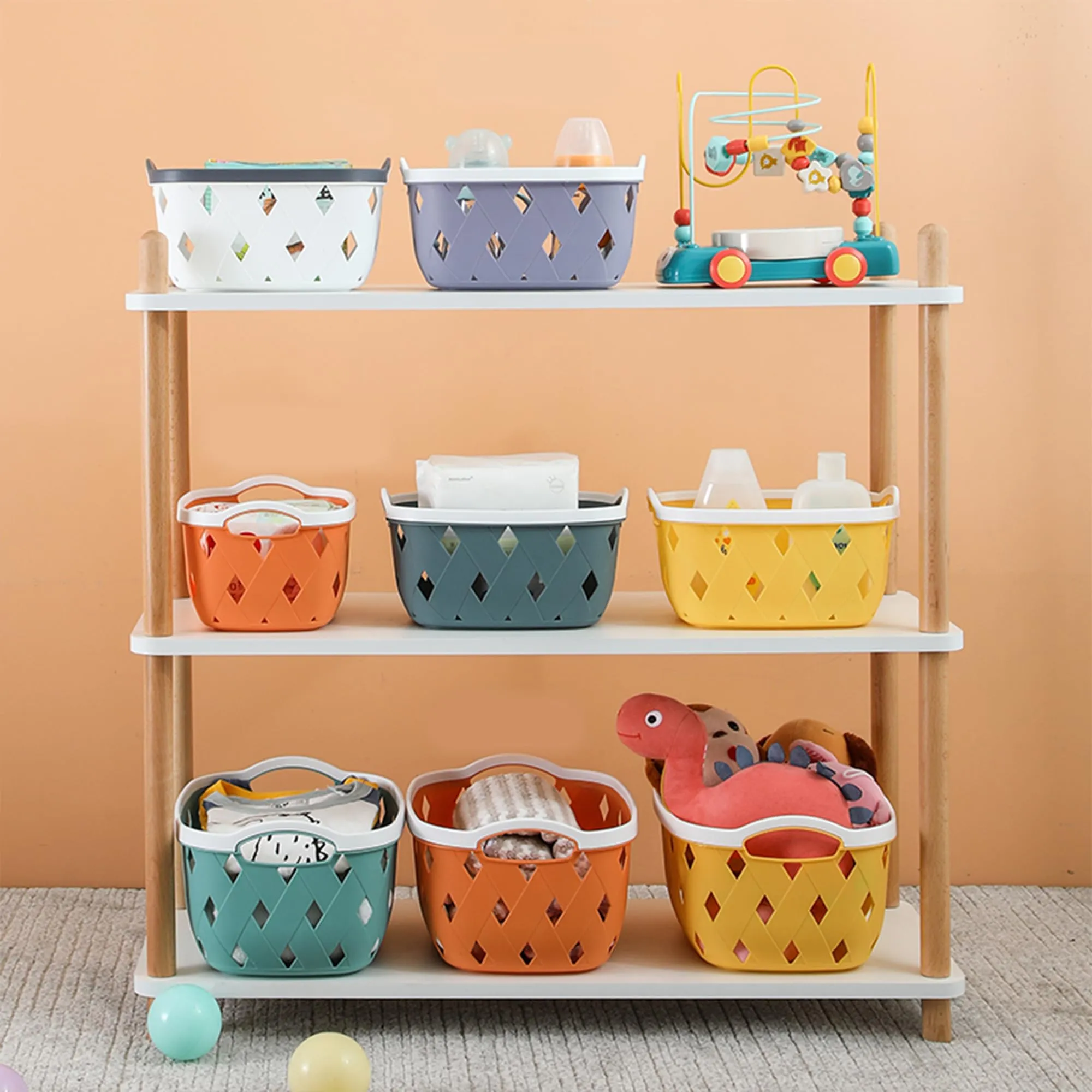 Kuber Industries Pack of 2 Multipurpose Storage Basket | Rhombic | Bathroom Kitchen Dressing table |Toiletry Organizer Bin for Holding Soap, Shampoo,Cosmetics | MC2436 | Light Grey, Orange |