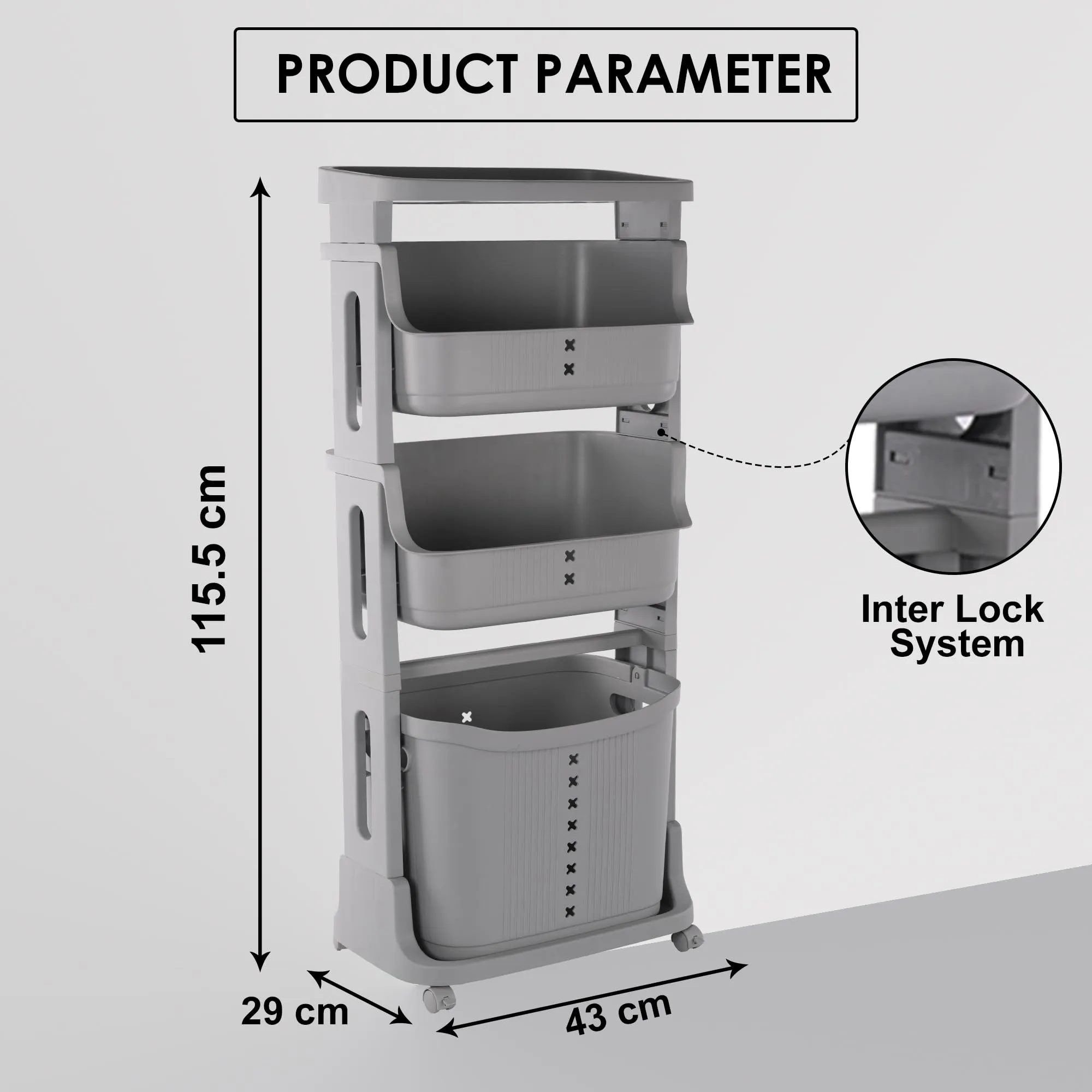 Kuber Industries Pack of 3 Multipurpose 3 Tier Laundry Basket | With Top handles | Toy Bucket | Easy to Use |MC2018-33 | Grey
