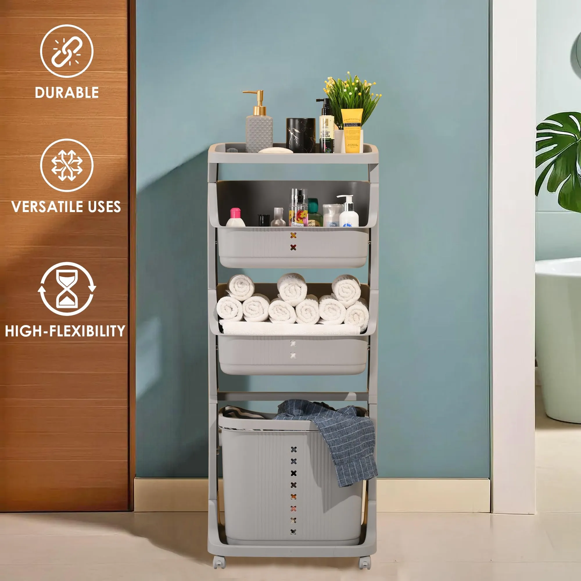 Kuber Industries Pack of 3 Multipurpose 3 Tier Laundry Basket | With Top handles | Toy Bucket | Easy to Use |MC2018-33 | Grey