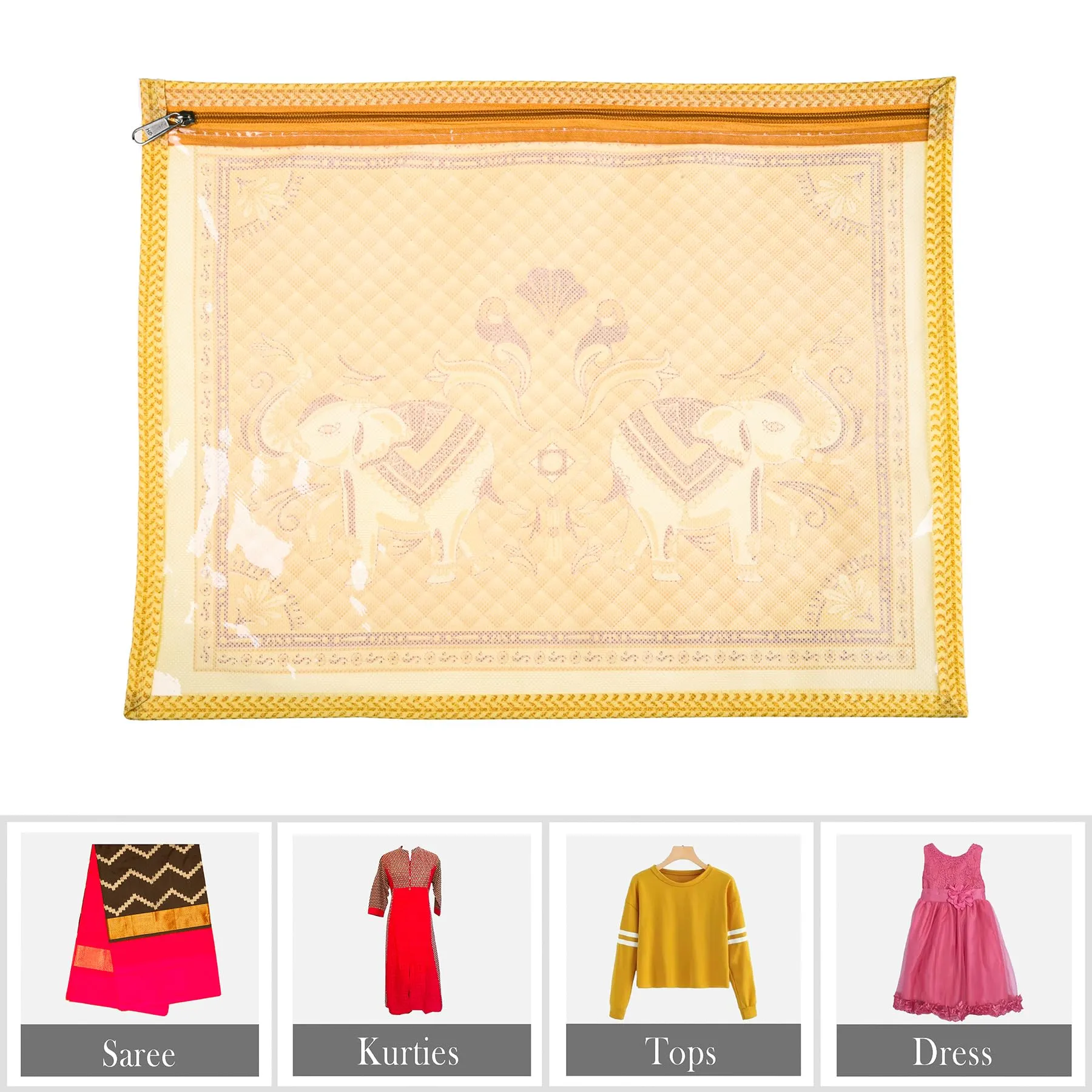 Kuber Industries Saree Cover | Clothes Storage Bag | Single Packing Saree with Zip Closure | Wardrobe Organizer | Cloth Stoarge Organizer | Elephant Design | Pack of 6 | Cream