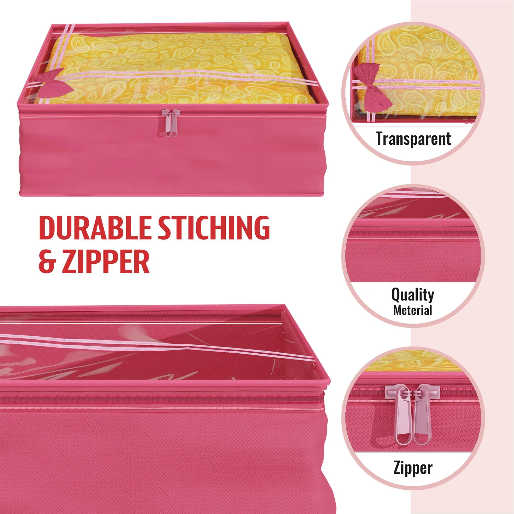 Kuber Industries Saree Cover | Clothes Storage Bag | Storage Organizer Bag | Zip Closure Saree Cover | Wardrobe Organizer | Bow-Design | 6 Inch | Pack of 6 | Pink