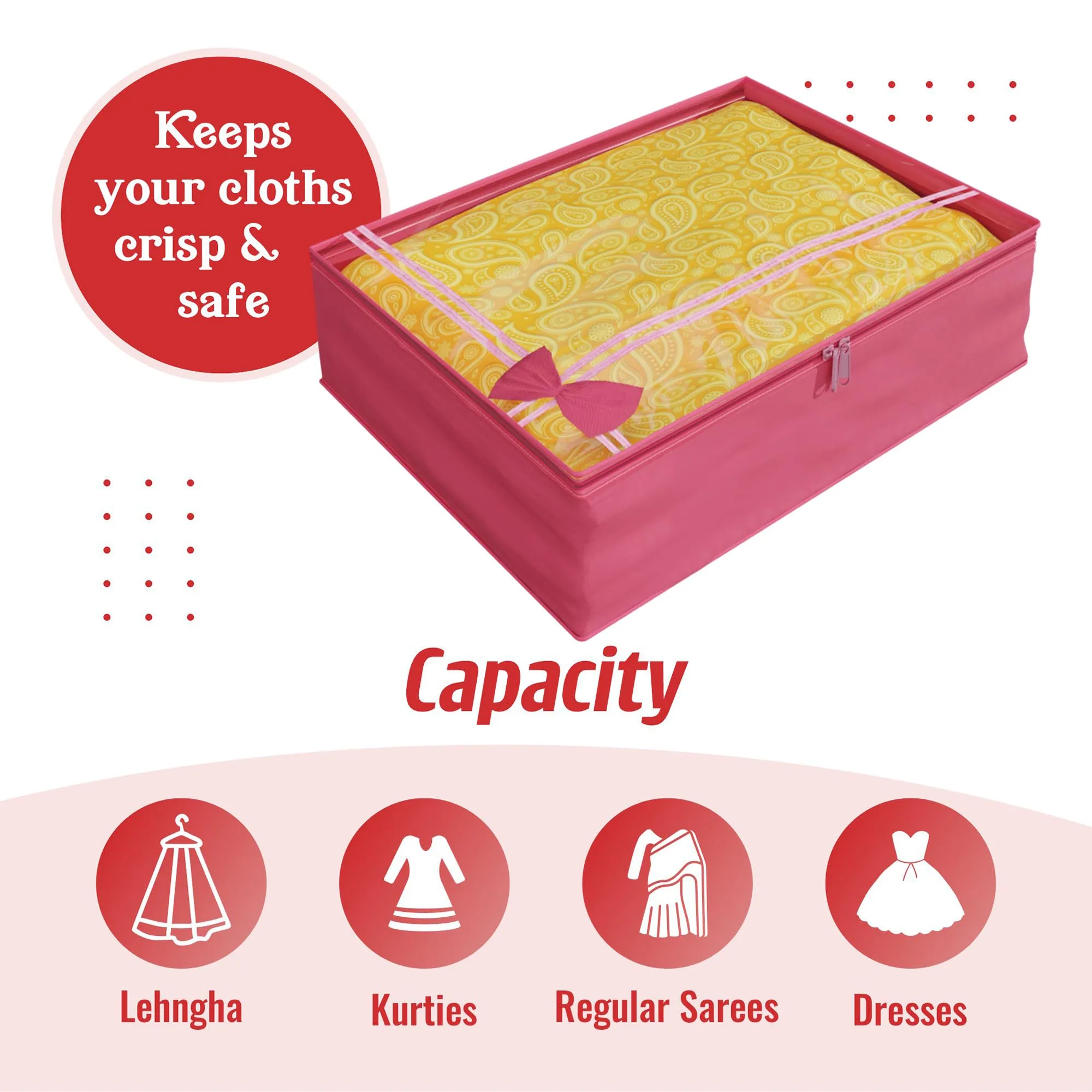 Kuber Industries Saree Cover | Clothes Storage Bag | Storage Organizer Bag | Zip Closure Saree Cover | Wardrobe Organizer | Bow-Design | 6 Inch | Pack of 6 | Pink