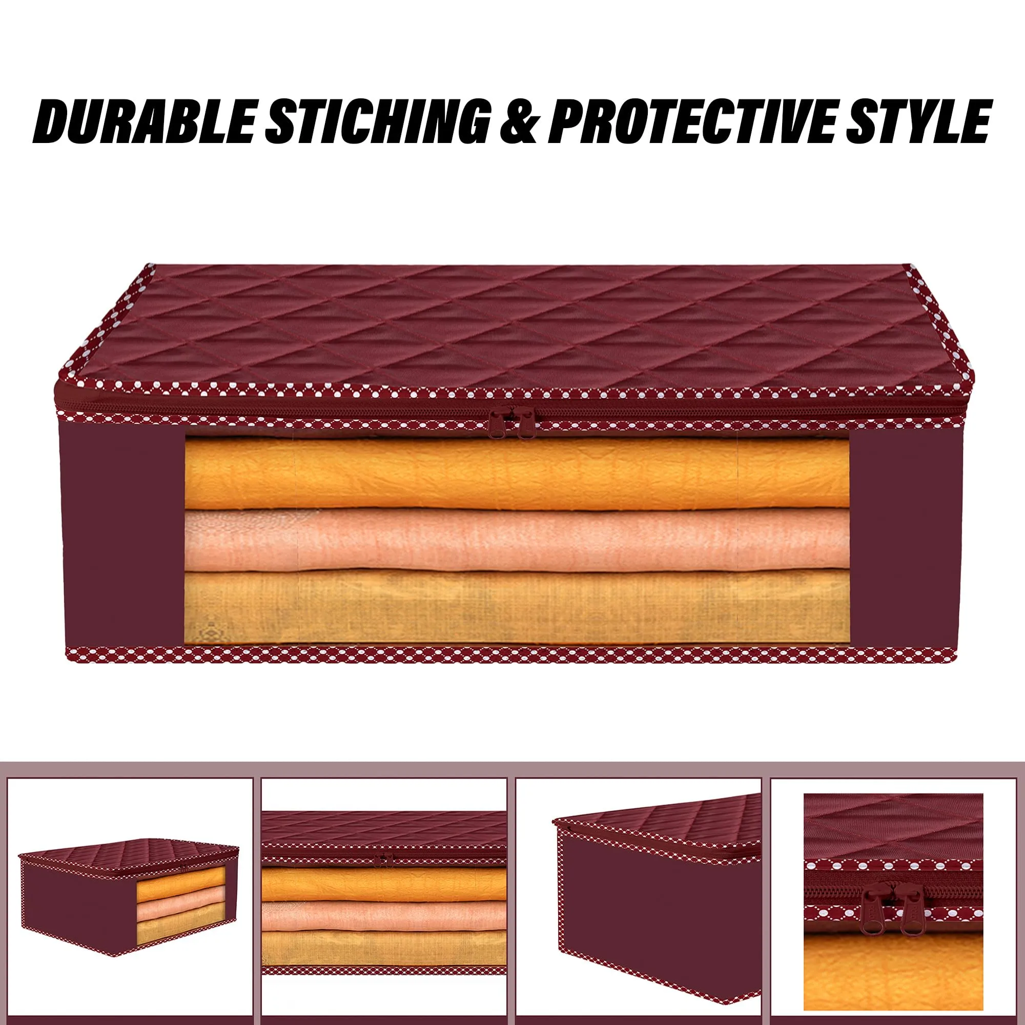 Kuber Industries Saree Cover | Clothes Storage Bag | Storage Organizer Bag | Zip Closure Saree Cover | Wardrobe Organizer | Dot Border-Design | 6 Inch | Pack of 12 | Maroon