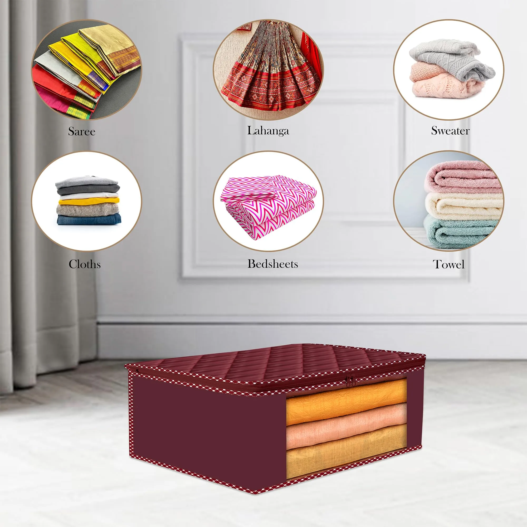 Kuber Industries Saree Cover | Clothes Storage Bag | Storage Organizer Bag | Zip Closure Saree Cover | Wardrobe Organizer | Dot Border-Design | 6 Inch | Pack of 12 | Maroon