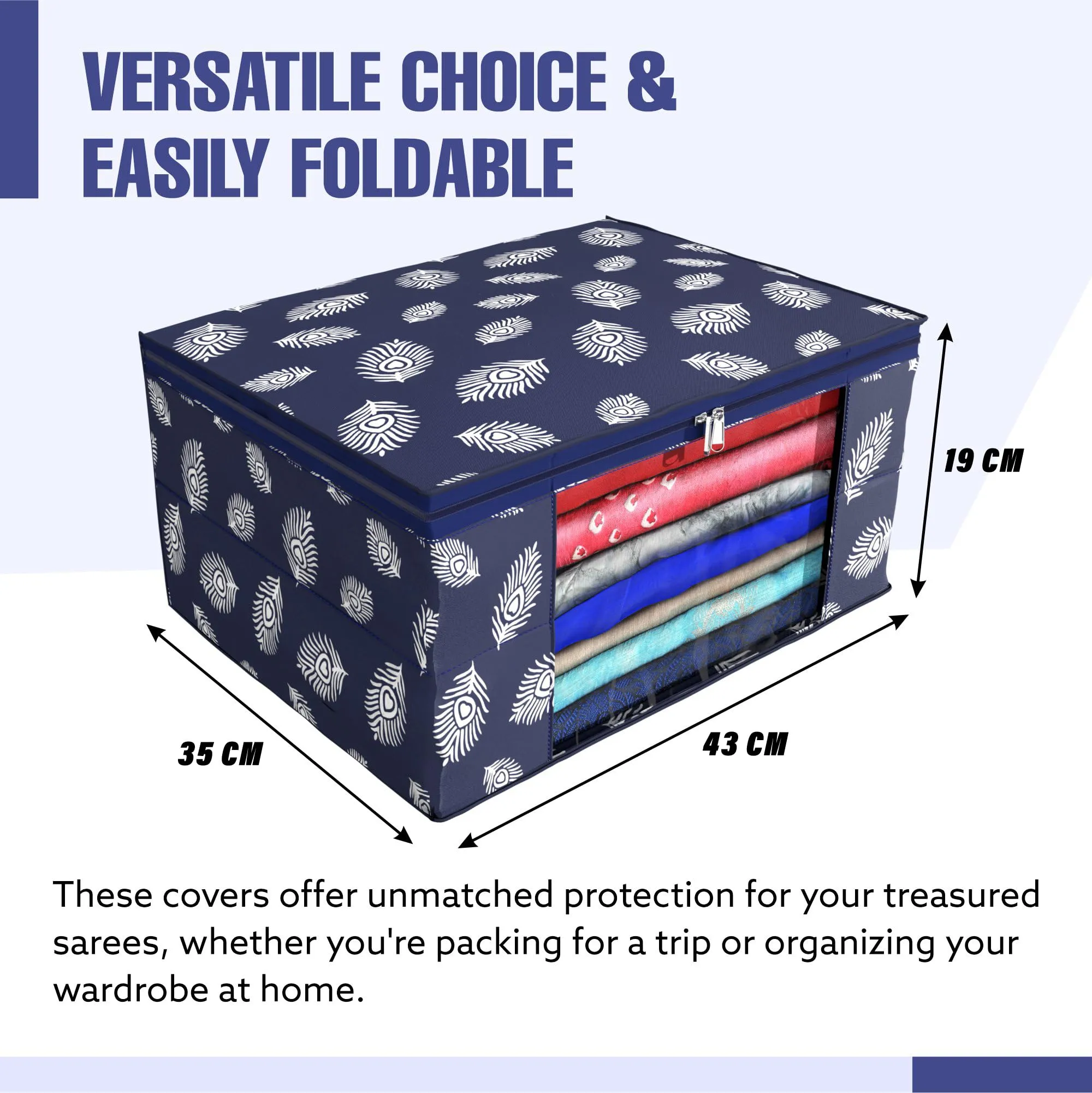 Kuber Industries Saree Cover | Clothes Storage Bag | Storage Organizer Bag | Zip Closure Saree Cover | Wardrobe Organizer | Peacock Feather-Design | 6 Inch | Pack of 2 | Navy Blue