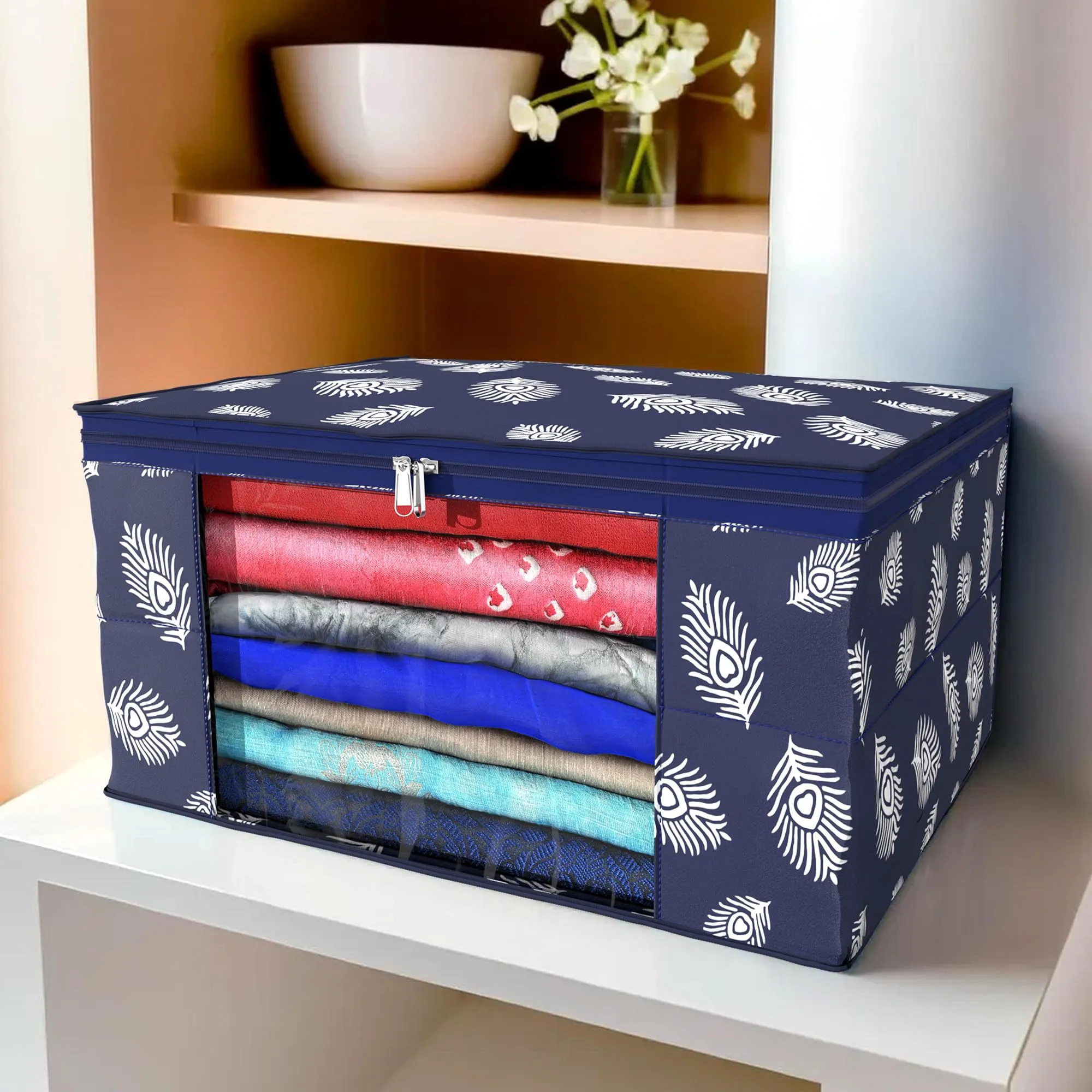 Kuber Industries Saree Cover | Clothes Storage Bag | Storage Organizer Bag | Zip Closure Saree Cover | Wardrobe Organizer | Peacock Feather-Design | 6 Inch | Pack of 2 | Navy Blue